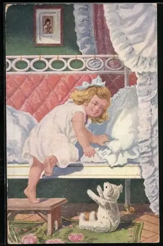 AK Mädchen kletter auf ihr Bett, Teddy schaut erwartungsvoll zu ihr hoch