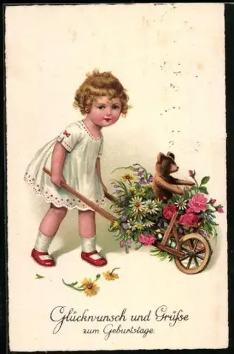 AK Mädchen schiebt einen Karren mit Teddy und Blumen