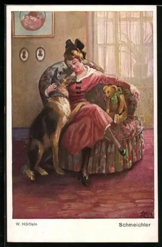 Künstler-AK Frau mit Schäferhund und Teddy auf einem Sessel sitzend