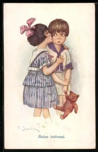Künstler-AK Mädchen küsst die Wange eines Jungen mit Teddy