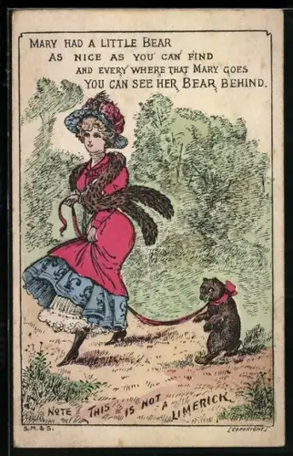 Künstler-AK Dame geht mit ihrem Teddy spazieren