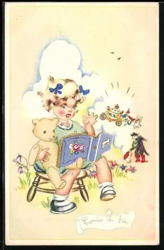 AK Mädchen liest ihrem Teddy eine Geschichte vor
