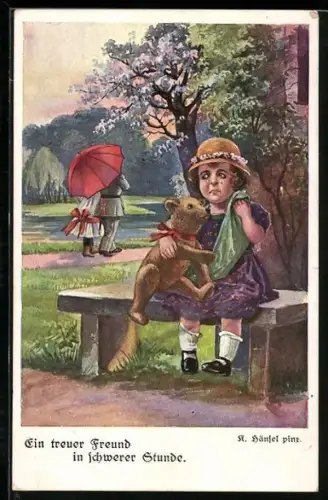 Künstler-AK Trauriges Mädchen sitzt mit ihrem Teddy auf einer Bank