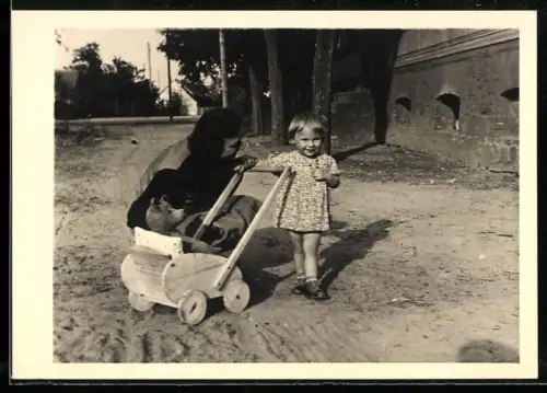 Foto-AK Kleines Kind schiebt einen Kinderwagen mit einem Teddybären