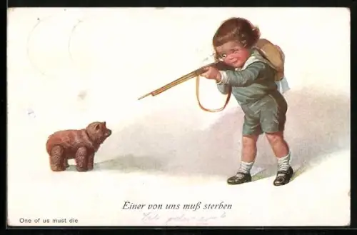 AK Junges Kind zielt mit einem Spielzeuggewehr auf einen Teddy