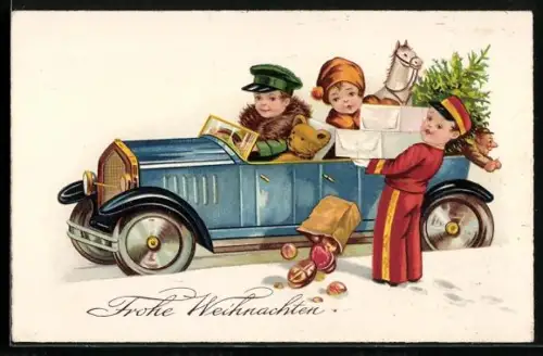 AK Kinder in einem Auto verteilen Weihnachtsgeschenke