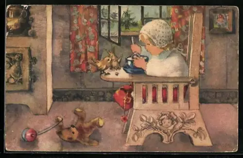 AK Kleinkind beim Essen mit einem auf dem Boden liegenden Teddy