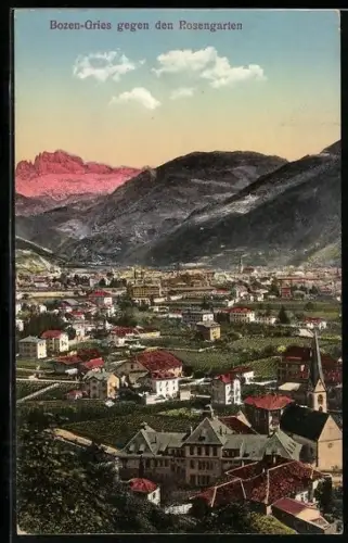 AK Bozen-Gries, Teilansicht mit Kirche gegen den Rosengarten