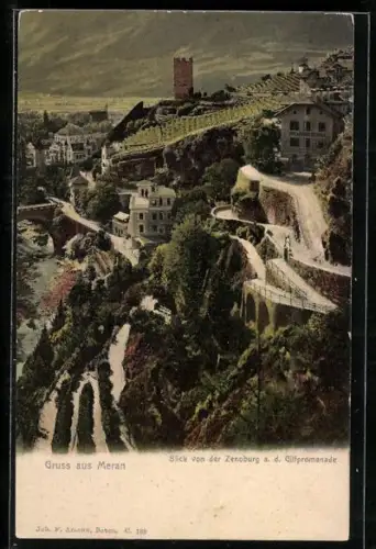 AK Meran, Blick von der Zenoburg auf die Gilfpromenade