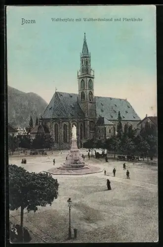 AK Bozen, Waltherplatz mit Waltherdenkmal und Pfarrkirche