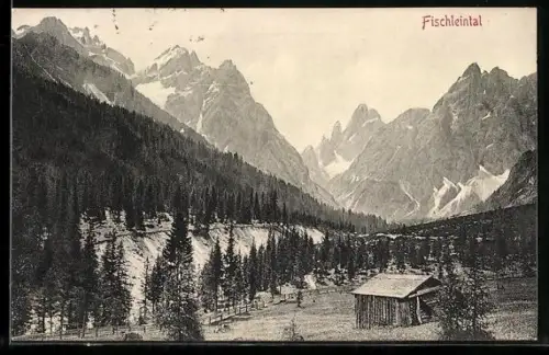 AK Sexten, Fischleintal, Hütte im Tal und Gebirgspanorama