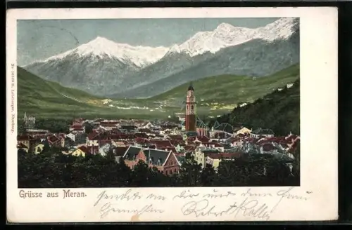 AK Meran, Totalansicht mit Bergpanorama