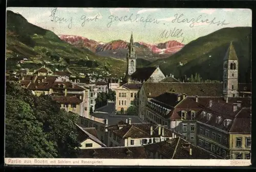 AK Bozen, Ortspartie mit Schlern und Rosengarten