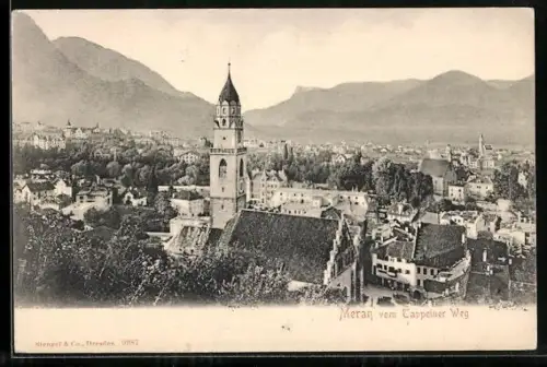 AK Meran, Stadtansicht mit Kirche vom Tappeiner Weg aus