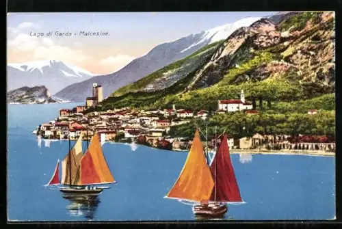 AK Malcesine /Lago di Garda, Totalansicht mit Gebirgspanorama