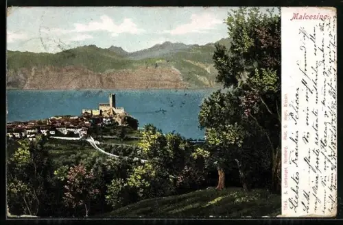 AK Malcesine, Teilansicht mit Gebirgspanorama