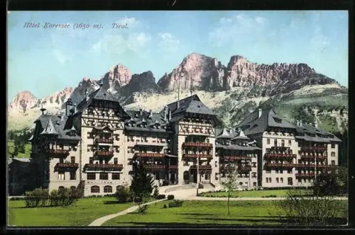 AK Karersee, Hotel Karersee mit Gebirgspanorama