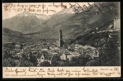 AK Meran, Teilansicht mit Bergpanorama