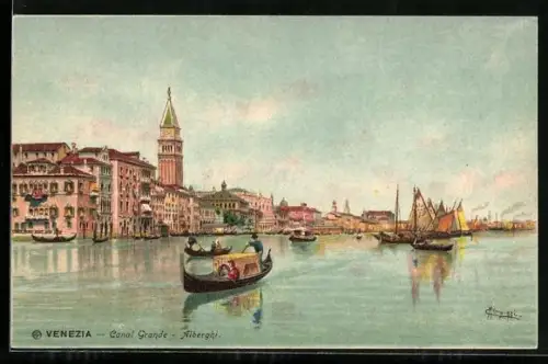 Künstler-AK Venezia, Canal Grande, Alberghi, Segelboote