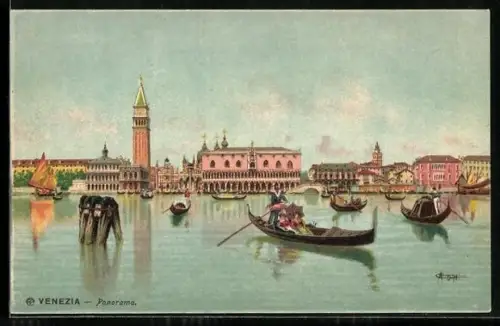 Künstler-AK Venezia, Panorama, Gondeln auf dem Kanal