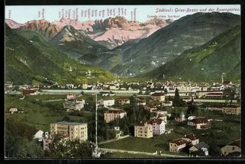AK Gries-Bozen /Südtirol, Teilansicht des Ortes mit Rosengarten