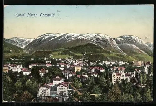 AK Meran-Obermais, Teilansicht des Ortes mit Gebirgspanorama