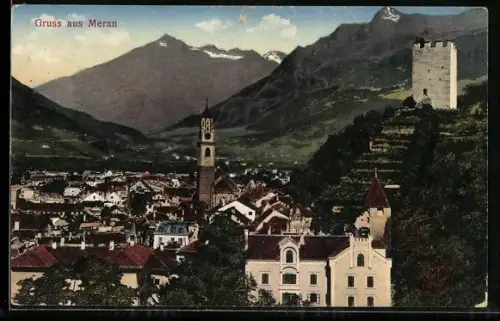 AK Meran, Teilansicht mit Turm und Gebirgspanorama