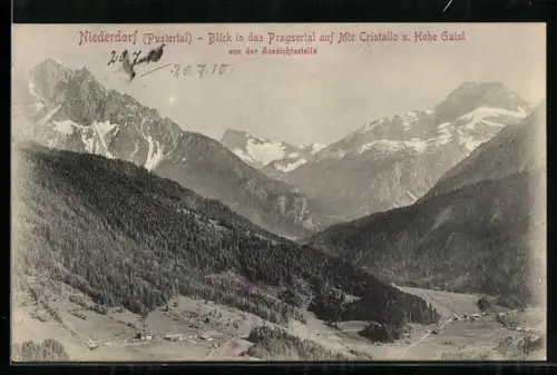 AK Niederdorf /Pustertal, Blick in das Pragsertal auf Mte Cristallo u. Hohe Gaisl
