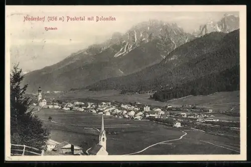 AK Niederdorf /Pustertal, Panorama mit den Dolomiten