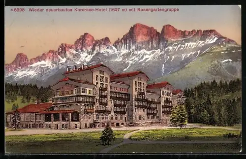 AK Karersee, Neuerbautes Karersee-Hotel mit Rosengartengruppe