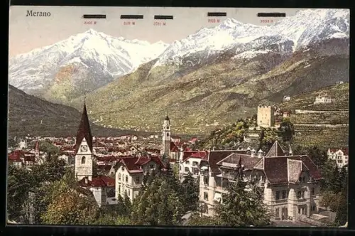 AK Merano, Blick über die Dächer der Stadt auf Zielspitze und weitere Berggipfel