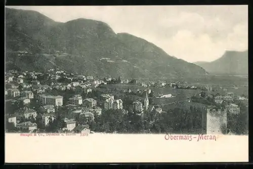 AK Obermais-Meran, Panorama mit Burgturm