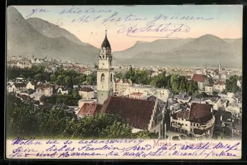 AK Meran, Stadtansicht mit Kirche vom Tappeiner Weg aus