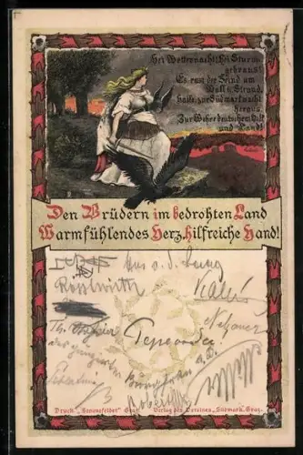 AK Figur mit Schwert und geflügeltem Helm, Den Brüdern im bedrohten Land, Warmfühlendes Herz...