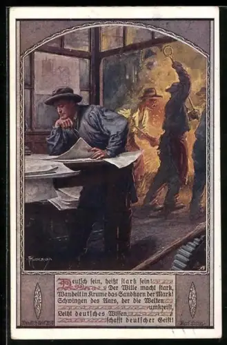 Künstler-AK Kuderna: Deutsch sein, heisst stark sein, Arbeiter mit Schürhaken am Feuer, Deutscher Schulverein