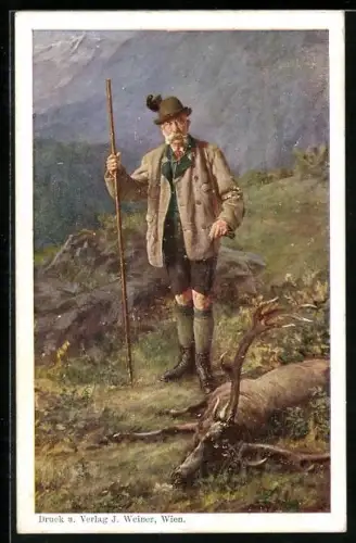 Künstler-AK Kaiser Franz Josef I. von Österreich als Jäger neben dem erlegtem Hirsch