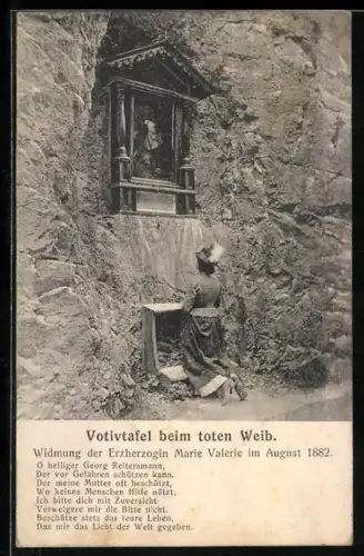 AK Mariazell, Votivtafel beim toten Weib, Widmung der Erzherzogin Marie Valerie im August 1882