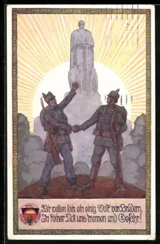 Künstler-AK Ernst Kutzer: Deutscher Schulverein Nr. 665, Deutscher Soldat begrüsst österreichischen Soldaten