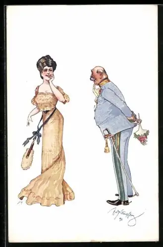 Künstler-AK Fritz Schönpflug: Veteran mit Blumen für eine Dame