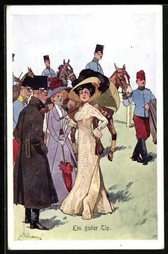 Künstler-AK Fritz Schönpflug: Ein guter Tip, Damen beim Pferderennen