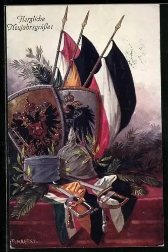 Künstler-AK R. Kratky: Zweibund, Helme und Fahnen