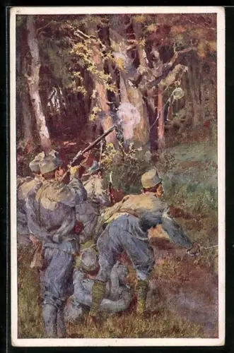 Künstler-AK Rotes Kreuz Nr. 351: Reservisten des k. k. Landwehrinfanteriereg. Nr. 1 schiessen einen Russen vom Baum