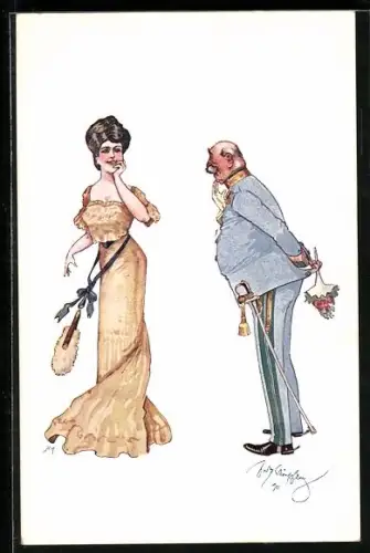 Künstler-AK Fritz Schönpflug: Veteran mit Blumen für eine Dame