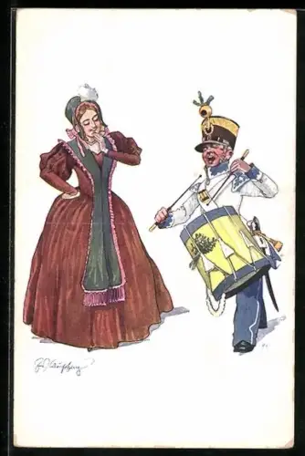 Künstler-AK Fritz Schönpflug: Trommelnder Soldat und Frau