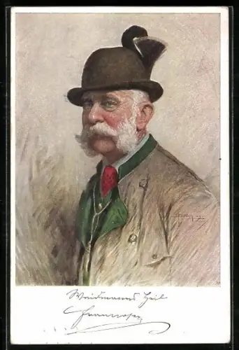 Künstler-AK Portrait von Kaiser Franz Josef I. von Österreich im Jägeroutfit