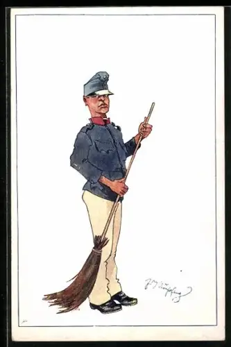 Künstler-AK Fritz Schönpflug: Soldat mit Besen beim Revierreinigen