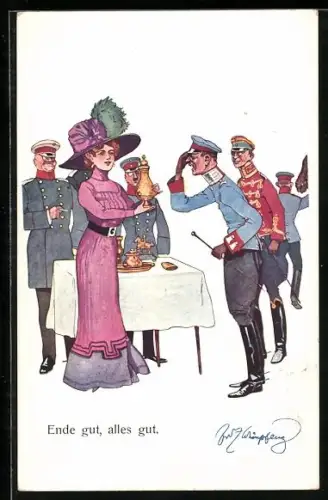 Künstler-AK Fritz Schönpflug: elegante Dame mit Kunstgegenständen, Soldaten umringen sie, Ende gut, alles gut