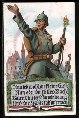AK Soldat mit Blumen im Gewehr verabschiedet sich von seiner Familie