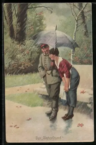 Künstler-AK Arthur Thiele unsign.: Der Unterstand, Soldat bietet Frau einen Regenschirm, Soldatenhumor