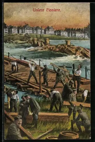 AK Unsere Pioniere beim Bau eines Flussübergangs